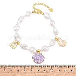 Ocean Brass Micro Pave Clear Cubic Zirconia and Enamel Plum Shell Shape Charm Bracelets for Women&nbsp;KK-CBA68DA-06G