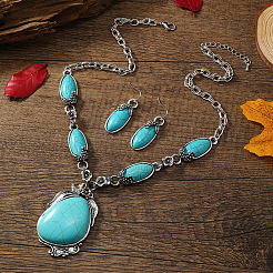 Bohemian Ethnic Style Alloy with Synthetic Turquoise Teardrop Pendant Necklaces & Oval Dangle Earrings Sets&nbsp;FS-WGCAAC5-01