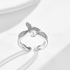 Brass Micro Pave Cubic Zirconia and Imitation Pearl Cuff Open Rings&nbsp;WGF8170-01