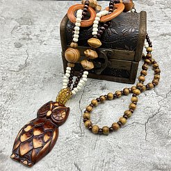 Wood Owl Pendants Sweater Chain Necklace&nbsp;PW-WGA0CFA-01