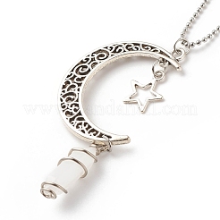 Natural White Jade Bullet with Alloy Moon and Star Pendant Necklace&nbsp;NJEW-JN03912-01