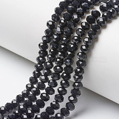 Opaque Solid Color Glass Beads Strands, Faceted, Rondelle, Black, 4x3mm, Hole: 0.8~1mm, about 105~110pcs/strand, 38~39cm