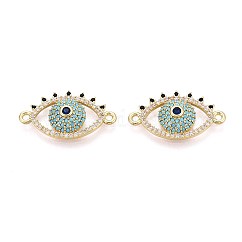 Brass Micro Pave Sky Blue Cubic Zirconia Connector Charms, Evil Eye Links, Long-Lasting Plated, Golden, 12.5x22.5x4mm, Hole: 1.4mm