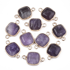 Natural Amethyst Links connectors, with Brass Findings, Square, Golden, 21x13x5~5.5mm, Hole: 2.5mm