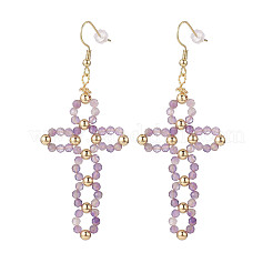 Natural Gemstone Braided Hollow Out Cross Dangle Earrings&nbsp;EJEW-JE05138