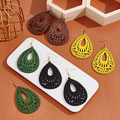 4 Pairs 4Colors Wood Dangle Earrings for Women&nbsp;EJEW-AN0003-93