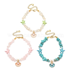 3Pcs Natural Moonstone & Rose Quartz & Synthetic Turquoise Chips & Shell Pearl Beads Bracelets Sets&nbsp;BJEW-JB12413