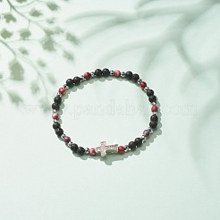 Natural & Synthetic Mixed Gemstone Beaded Stretch Bracelet with Clear Cubic Zirconia Cross for Women&nbsp;BJEW-JB08247-01
