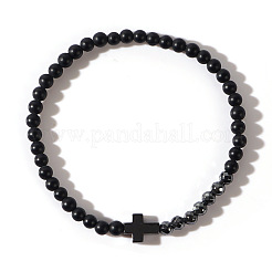 Synthetic Non-magnetic Hematite Cross & Black Stone Round Beaded Stretch Bracelets for Men&nbsp;ZI4844