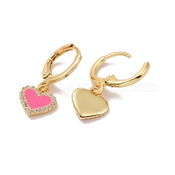 Clear Cubic Zirconia Heart Dangle Leverback Earrings with Pink Enamel&nbsp;EJEW-C030-11G