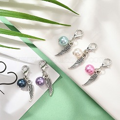 12Pcs 12 Colors Round Acrylic & Wing Alloy Pendant Decoration&nbsp;HJEW-JM02401