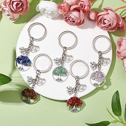 5Pcs 5 Styles Tree of Life Natural Amethyst & Tiger Eye & Red Jasper & Lapis Lazuli & Green Aventurine Pendant Keychains&nbsp;KEYC-JKC00924