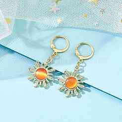 Golden Alloy Sun Shape Dangle Leverback Earrings with Cat Eye&nbsp;EJEW-JE05587-03
