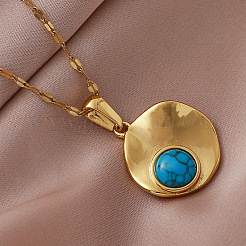 Vintage Style 304 Stainless Steel and Synthetic Turquoise Textured Disc Pendant Necklaces for Women&nbsp;JC9668