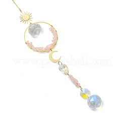 Glass Beads &  Natural Rose Quartz Chip Beads & Brass Hanging Suncatchers&nbsp;HJEW-JM04994-02