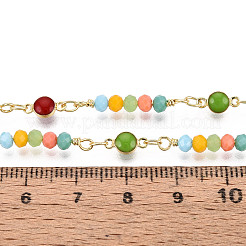 Handmade Brass Enamel Flat Round Link & Glass Beaded Chain&nbsp;KK-N281-03G