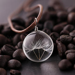 Flat Round Clear Glass Inner Dandelion Pendant Imitation Leather Cord Necklaces for Women&nbsp;FS-WG7DEC0-01