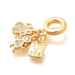Brass Clear Cubic Zirconia Paw Print & Girl & Letter European Dangle Charms&nbsp;KK-U048-26G