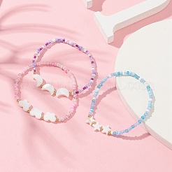 3Pcs 3 Style Star & Moon & Butterfly Shell & Seed Beaded Stretch Bracelets Set&nbsp;BJEW-JB09438