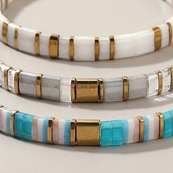 3Pcs 3 Styles Square Glass Tile Beaded Stretch Bracelet Sets with Synthetic Non-magnetic Hematite Beads for Women&nbsp;HZ1549