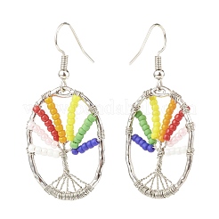 Oval with Tree of Life Glass Seed Braided Dangle Earrings&nbsp;EJEW-JE04874-01