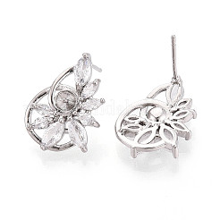 Flower Brass Micro Pave Clear Cubic Zirconia Stud Earrings Findings for Half Drilled Beads&nbsp;KK-T071-07P