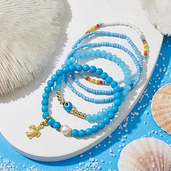 5Pcs 5 Style Evil Eye Lampwork & Synthetic Turquoise & Natural Pearl  Beaded Stretch Bracelets Set&nbsp;BJEW-JB09708