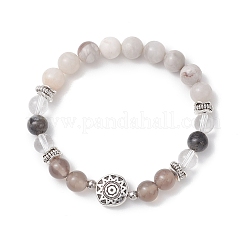 2Pcs Round Natural Quartz Crystal & Grey Agate & Larvikite & White Crazy Lace Agate Beads Stretch Bracelets&nbsp;BJEW-JB13000
