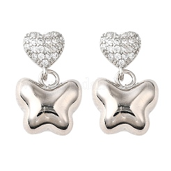Heart with Butterfly Brass Micro Pave Clear Cubic Zirconia Dangle Stud Earrings&nbsp;EJEW-Z099-01P