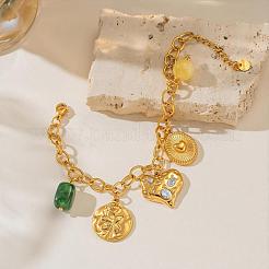 304 Stainless Steel Textured Heart Oval Charm Bracelets with Green Resin Cuboid Beads for Women&nbsp;WG56DF2-01