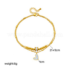 304 Stainless Steel Pave Clear Cubic Zirconia & Natural White Shell Heart Charm Double Layer Anklets for Women&nbsp;FS-WGDE261-01