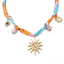304 Stainless Steel Sun & Resin & Ceramic Flower Pendant Silk Ribbon Necklaces for Women&nbsp;NJEW-A063-10G