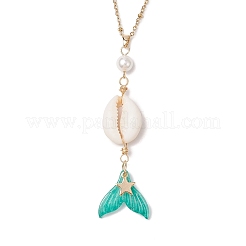 Natural Cowrie Shell & Glass & Shell Pearl Mermaid Tail Pendant Necklaces&nbsp;NJEW-JN05232
