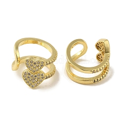 Rack Plating Brass Micro Pave Clear Cubic Zirconia 2-Strand Double Heart Cuff Earrings for Women&nbsp;EJEW-P280-23G