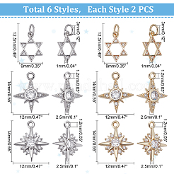 12Pcs 6 Style Brass Micro Pave Clear Cubic Zirconia Charms&nbsp;ZIRC-DC0001-02