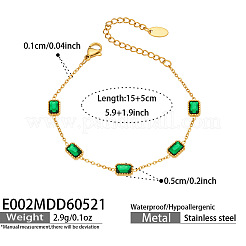 304 Stainless Steel Pave Green Cubic Zirconia Rectangle Link Chain Bracelets for Women&nbsp;WG18125-01
