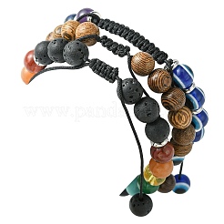 3Pcs 3 Styles Chakra Gemstone & Wood Evil Eye Braided Beaded Bracelet Sets&nbsp;BJEW-JB10905