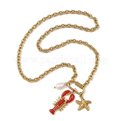Ocean Brass Enamel Red Lobster Pendants 304 Stainless Steel Cable Chain Necklaces for Women&nbsp;NJEW-JN06483-01