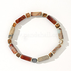 Vintage Bohemian Synthetic Aqua Terra Jasper & Non-magnetic Hematite & Natural Picture Jasper Cuboid Beaded Stretch Bracelets for Men&nbsp;YF8197