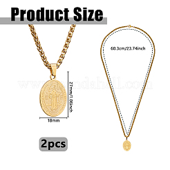 2Pcs Stainless Steel Saint Benedict Oval Medal Pendant Wheat Chain Necklaces&nbsp;NJEW-DC0001-20G