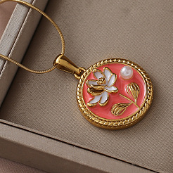 316 Surgical Stainless Steel Enamel with Imitation Pearl Flat Round with Flower Pendant Necklaces for Women&nbsp;YH4414