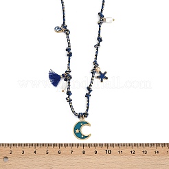 304 Stainless Steel Blue Enamel Moon Pendant Cotton Cord Adjustable Necklaces&nbsp;NJEW-C093-04G