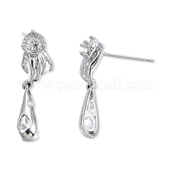 Brass Pave Clear Cubic Zirconia Hand with Teardrop Dangle Stud Earring Findings&nbsp;KK-N232-477P-A