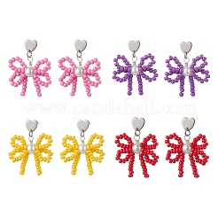 4 Pairs 4 Colors Heart with Bowknot Handmade Glass Seed Beads Dangle Stud Earrings&nbsp;EJEW-MZ00474