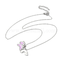304 Stainless Steel Pearl Pink Enamel & Natural White Shell Pendant Unicorn Rainbow Pendant Necklaces for Women&nbsp;NJEW-M101-02P