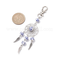 Flower Printed Porcelain & Alloy Woven Net/Web with Feather Pendant Decorations&nbsp;HJEW-JM04142-01