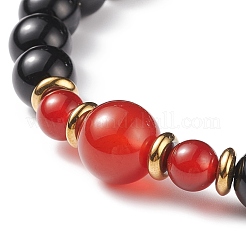 Natural Red Agate Carnelian(Dyed & Heated) & Black Onyx Round Beaded Stretch Bracelet&nbsp;BJEW-JB08642