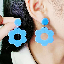 Flower with Flat Round Opaque Acrylic Dangle Stud Earrings&nbsp;FS-WG69462-01