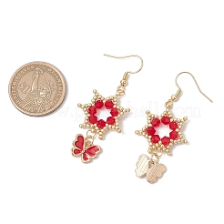 Flower with Butterfly 304 Stainless Steel Glass Seed Beads Dangle Earrings&nbsp;EJEW-MZ00417-05