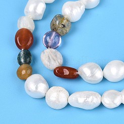 Natural Mixed Gemstone Nuggets & Natural Cultured Freshwater Pearl Beads Strands&nbsp;PEAR-N023-01A-12